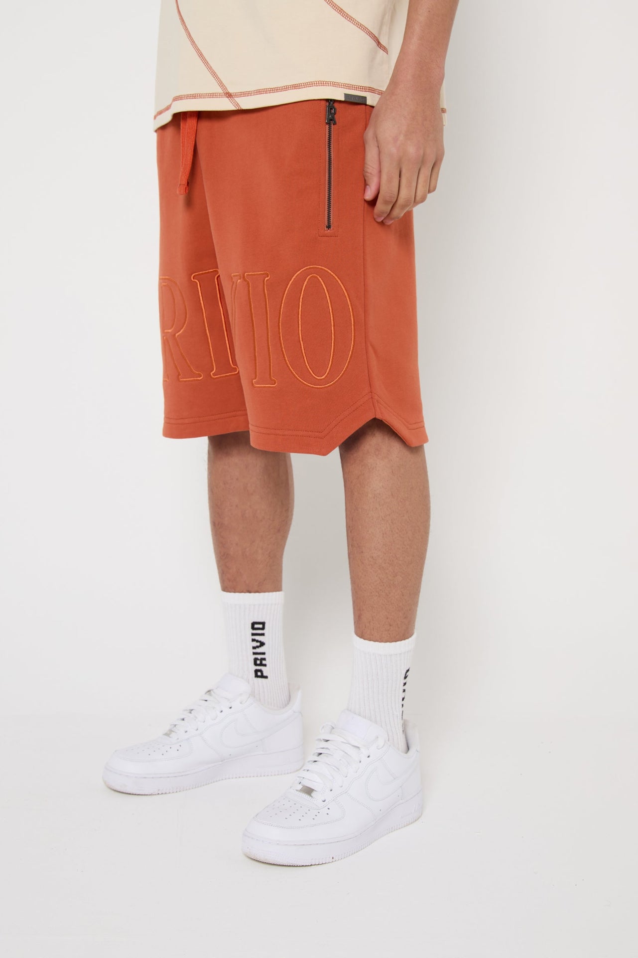 Cotton Washed Embroidered Drawstring Shorts - Orange