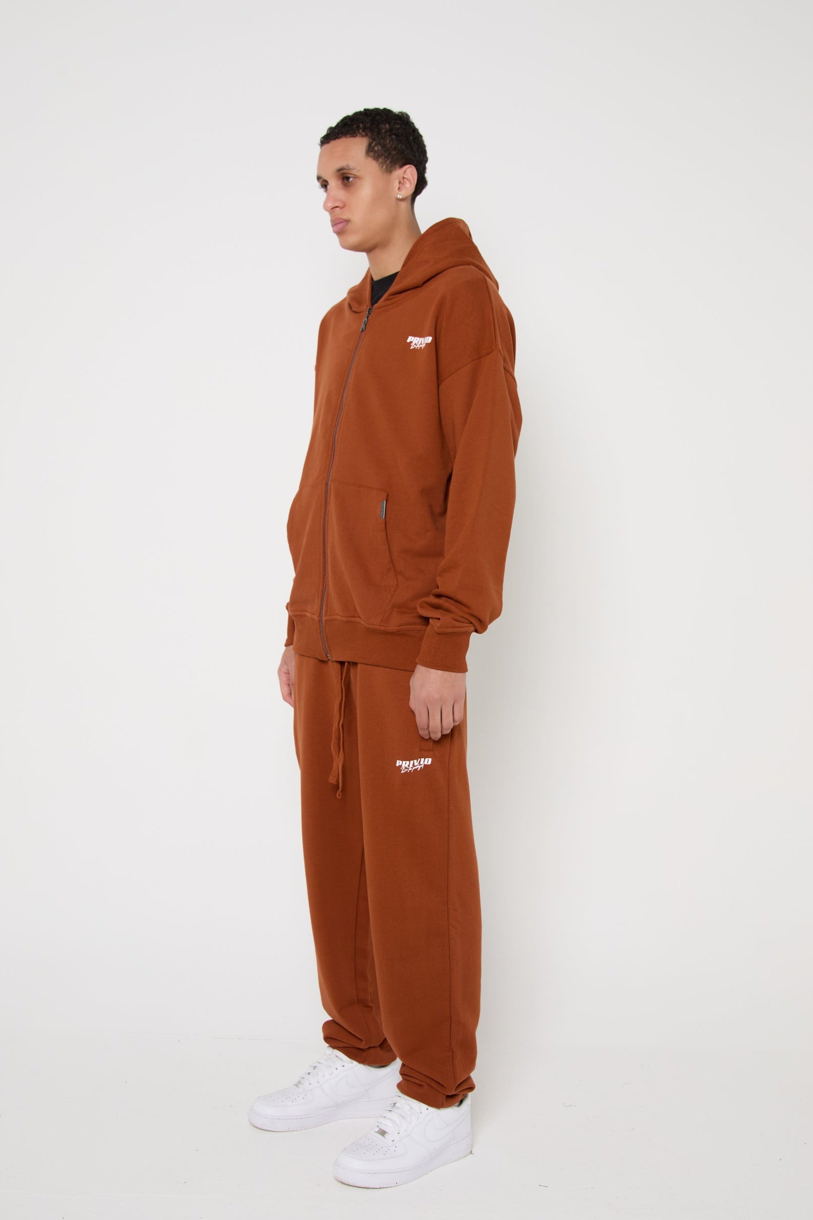 Oversized Cotton Zip Up Hoodie - Brown