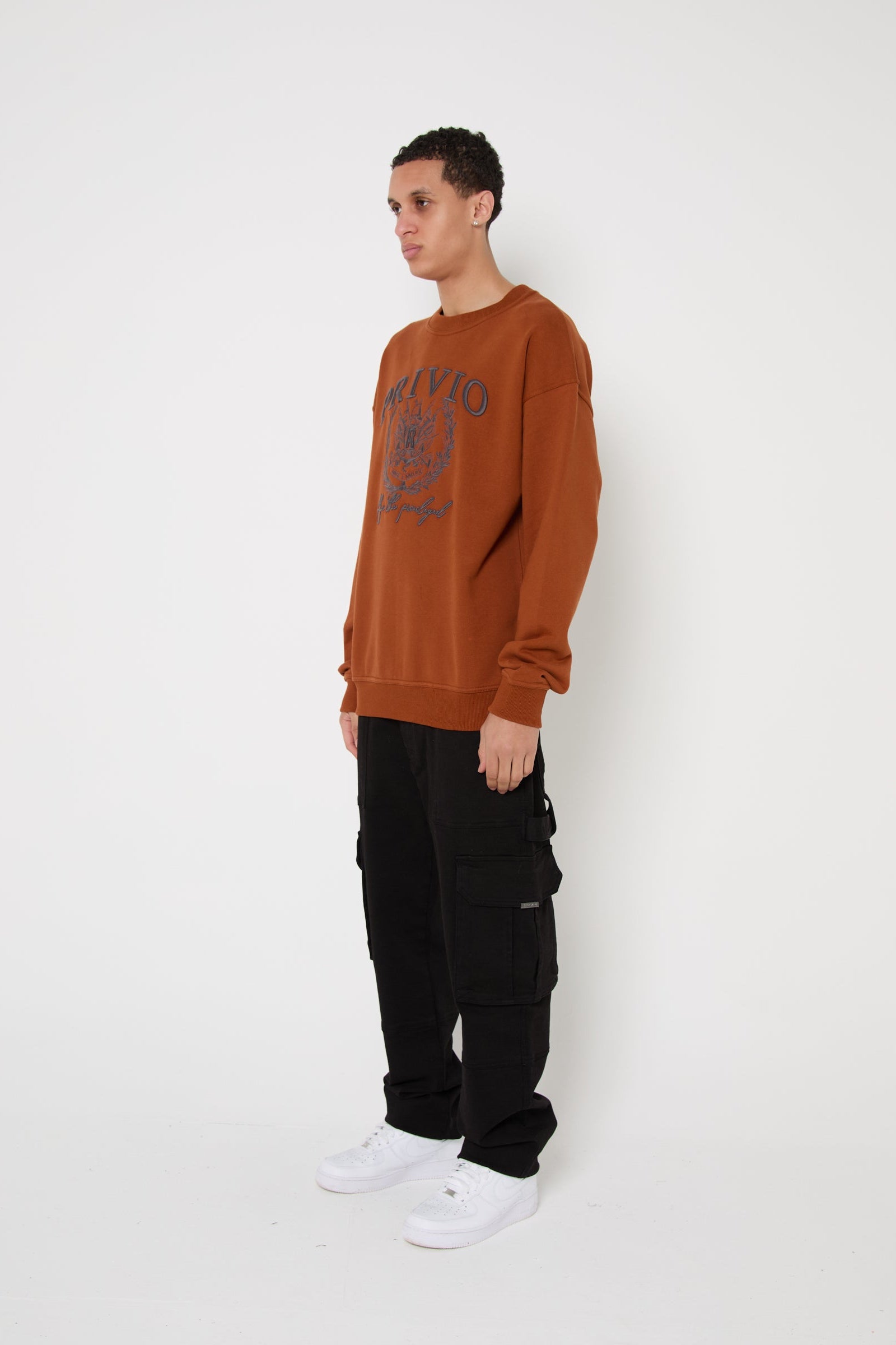 Oversized Washed Cotton Embroidered Sweatshirt - Brown