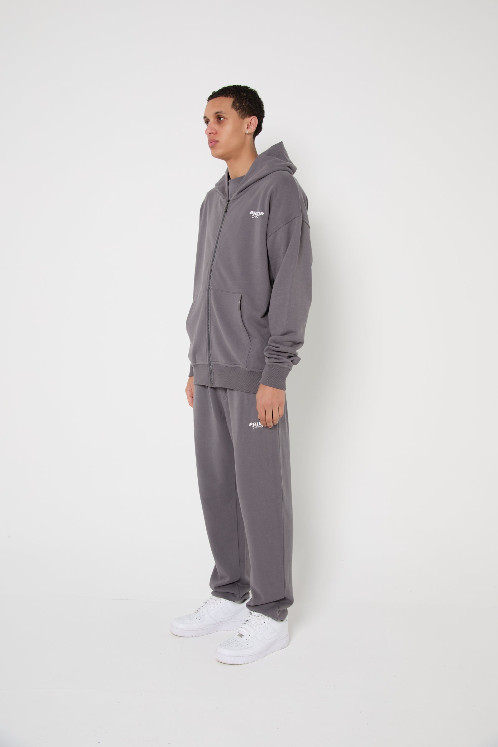 Oversized Cotton Zip Up Hoodie - Grey