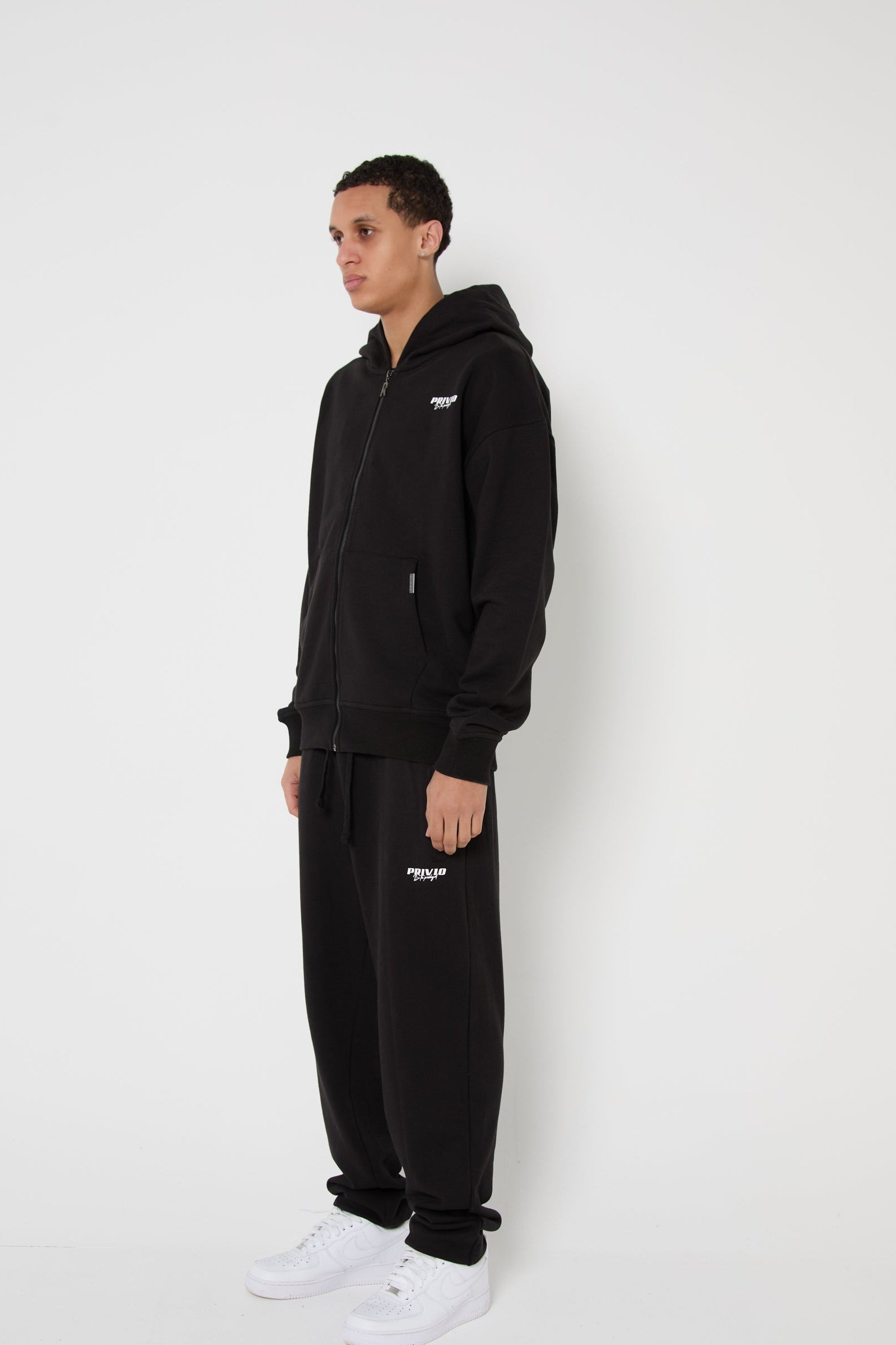 Oversized Cotton Zip Up Hoodie - Black