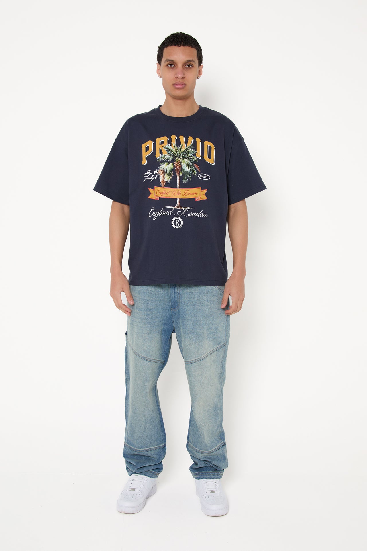 Privio Palm Tree Cotton T-Shirt - Navy