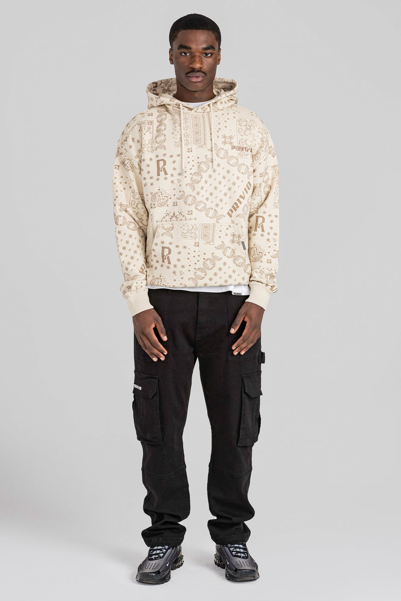 All Over Printed Hoodie - Beige