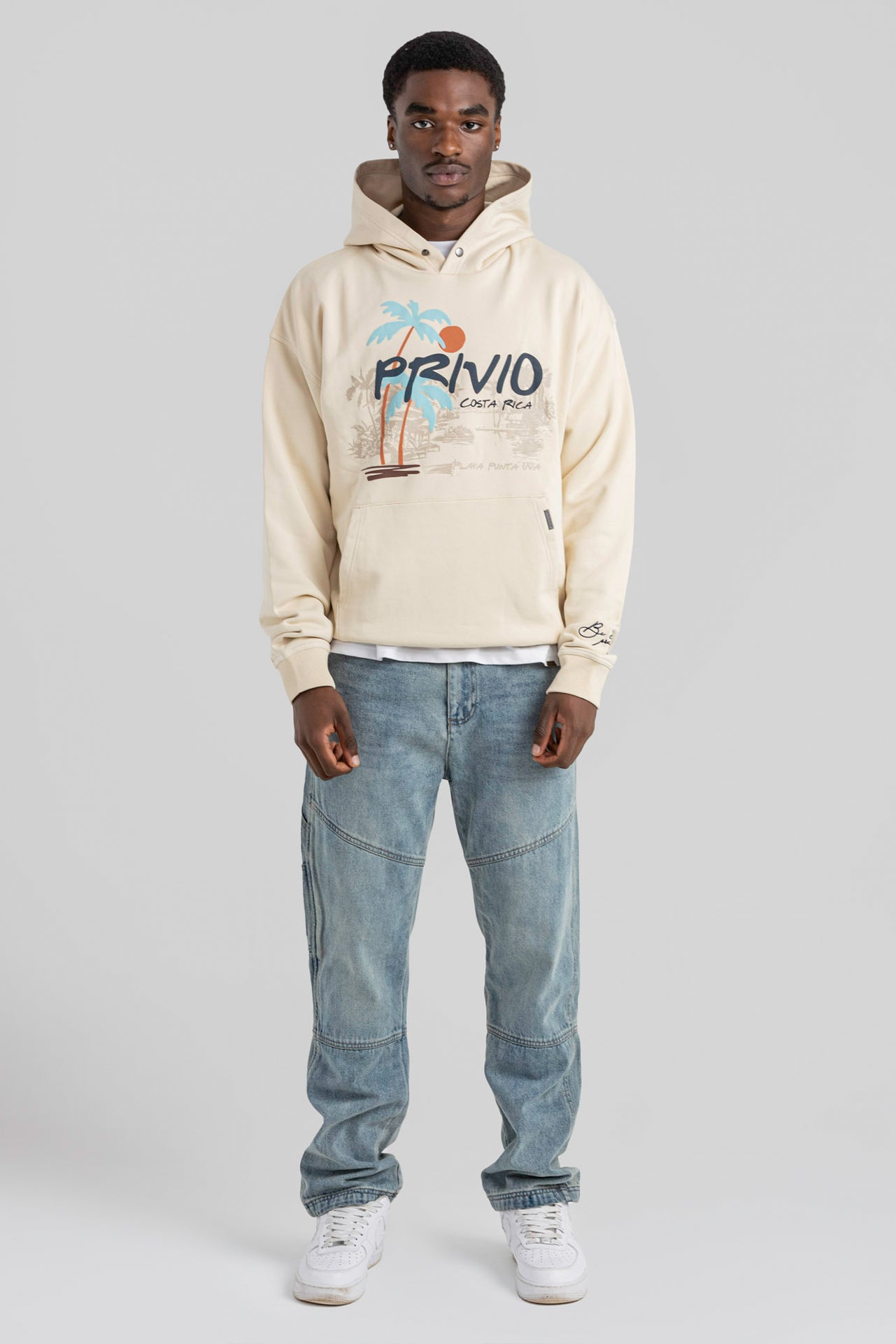 Oversized Washed Cotton Hoodie - Beige