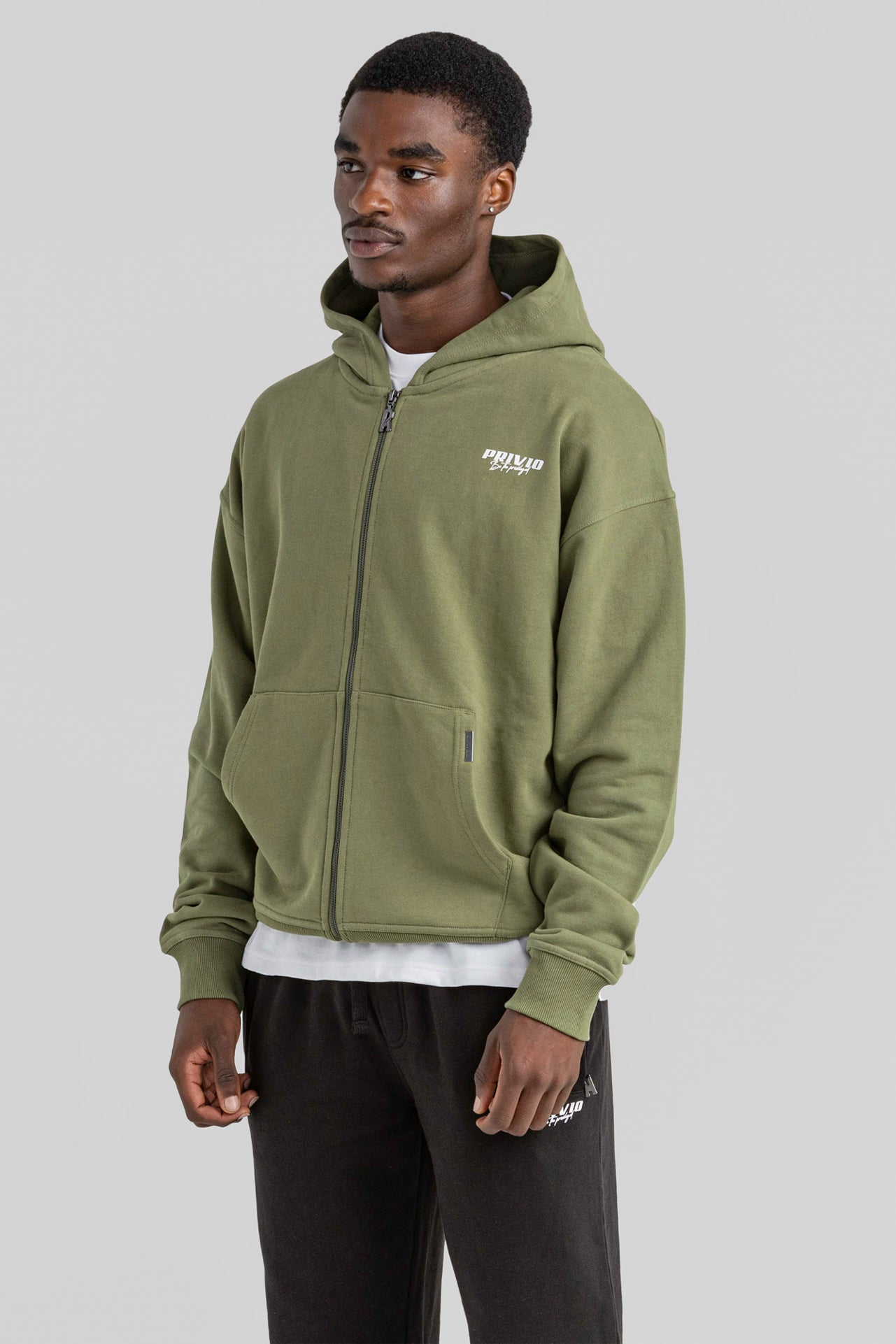 Oversized Cotton Zip Up Hoodie - Khaki