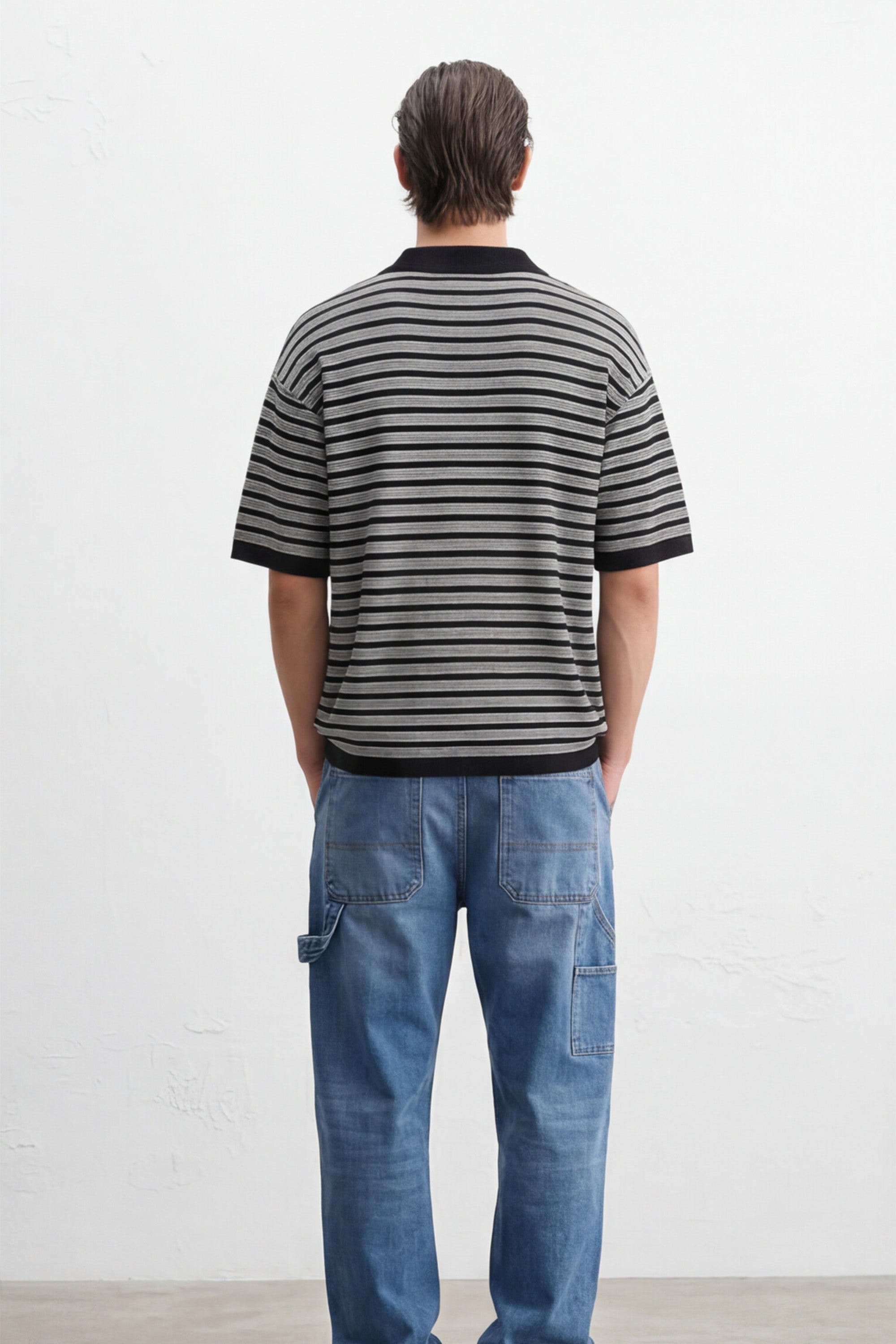 Oversized Striped Knit Polo - Black