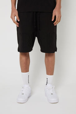 Cotton Washed Embroidered Drawstring Shorts - Black