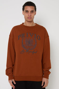 Oversized Washed Cotton Embroidered Sweatshirt - Brown