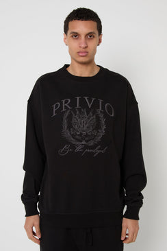 Oversized Washed Cotton Embroidered Sweatshirt - Black