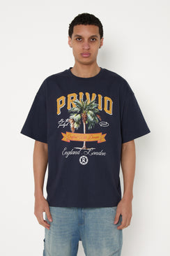 Privio Palm Tree Cotton T-Shirt - Navy