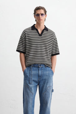 Oversized Striped Knit Polo - Black